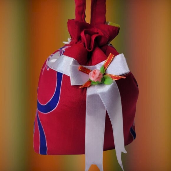 Red and Blue Hand Made Hand Painted Batik Cotton Drawstring Fabric Hobo Tote Bag - Picture 8 of 8